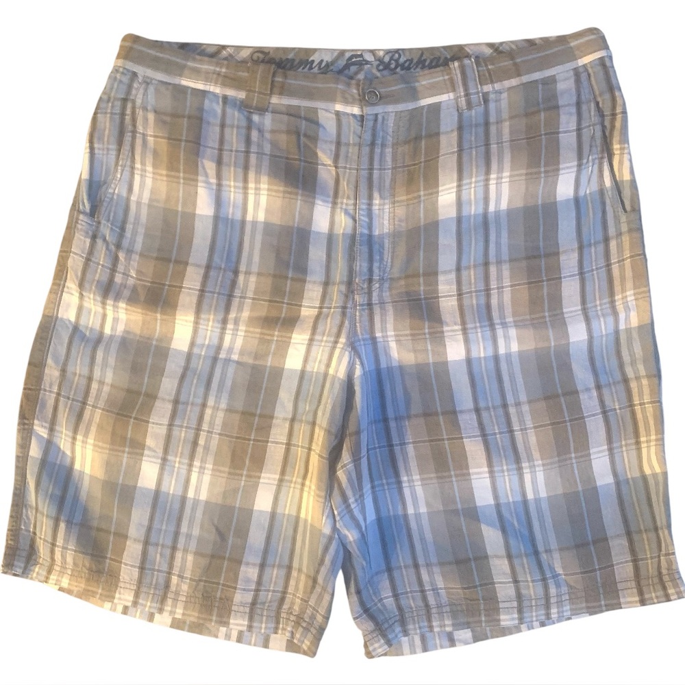 Tommy Bahama Linen Silk Blend Shorts Blue Tan Beige Plaid Bermuda Golf Men’s 40